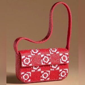 NWT Anthropologie Fiona Beaded Bag, Red Floral Check